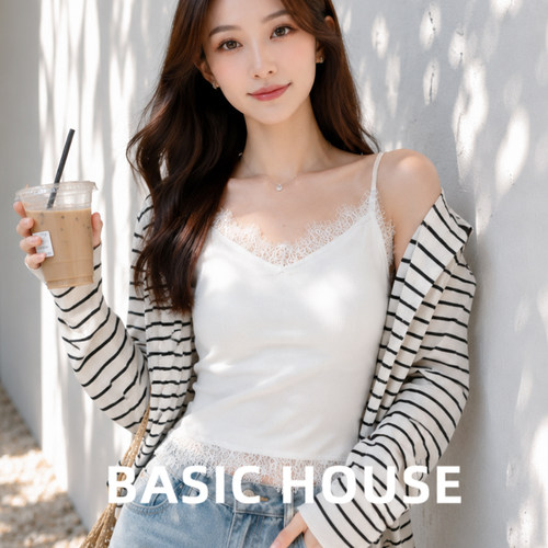 BasicHouse蕾丝V领吊带背心女白色修身免穿文胸外穿内搭上衣NX360