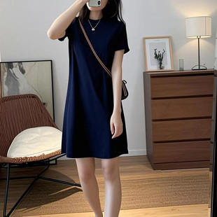 2026新款95%棉短袖t恤裙女韩版纯色休闲大码中长款连衣裙长裙夏季