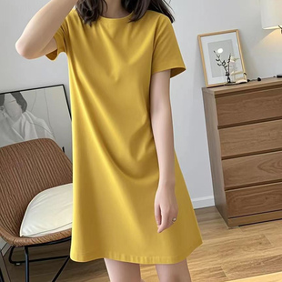 短袖t恤时尚显瘦连衣裙女夏季中长款休闲长裙子大码减龄纯棉衣服
