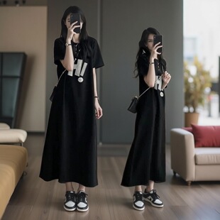 胖mmT恤连衣裙女士夏季宽松大码过膝短袖体恤中长裙休闲显瘦裙子