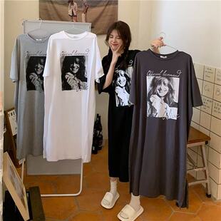 胖mmT恤连衣裙女夏季宽松大码遮肉过膝短袖体恤长裙休闲显瘦裙子