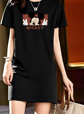 黑色米奇短袖t恤裙女遮屁股纯棉夏季宽松显瘦长款包臀连衣裙子潮