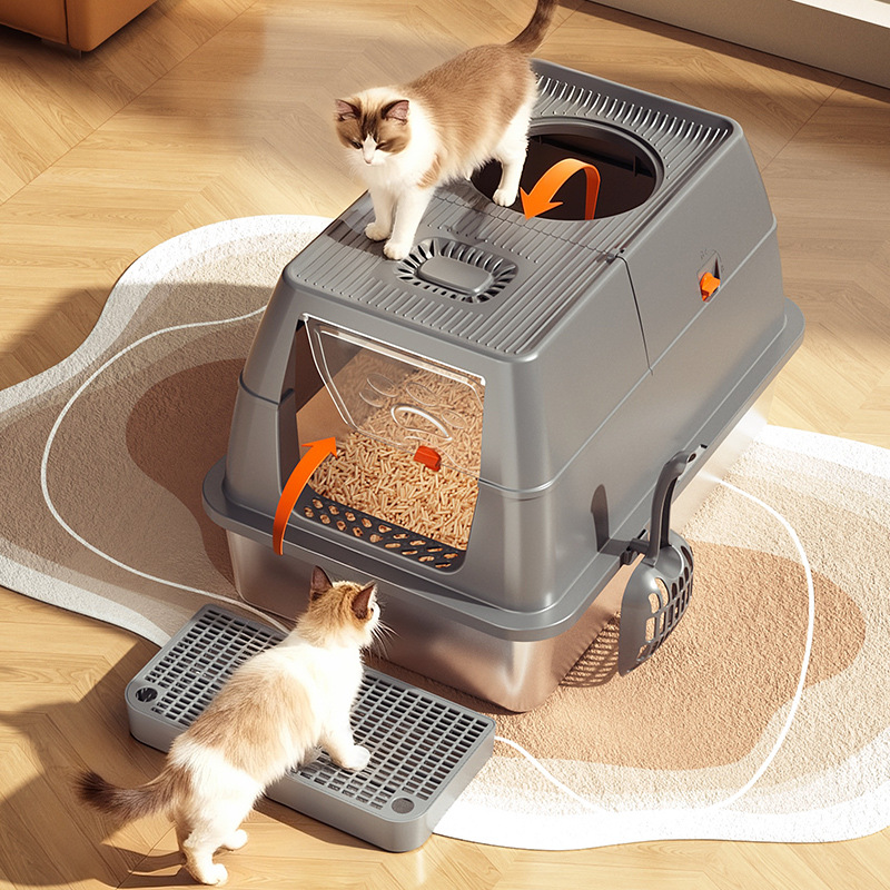 全封闭翻盖不锈钢猫砂盆超大号防外溅防带出加高围栏带配件猫厕所