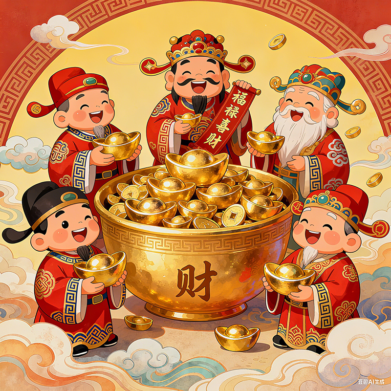五福临门财神聚宝盆装饰画