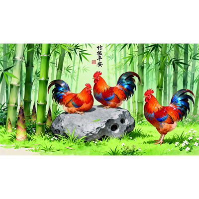 中式山水大公鸡装饰画卧室无框贴纸竹林小鸡田园风壁画自粘贴画