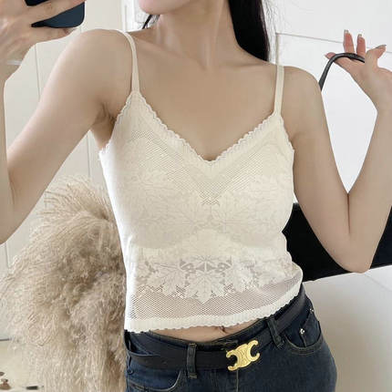夏季无痕冰丝吊带背心内搭带胸垫一体式固定杯蕾丝美背吊带文胸