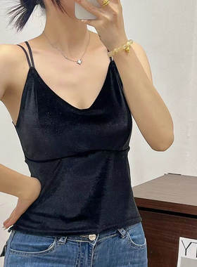 秋冬金丝绒吊带女内搭胸垫背心外穿性感蕾丝美背吊带背心带胸垫