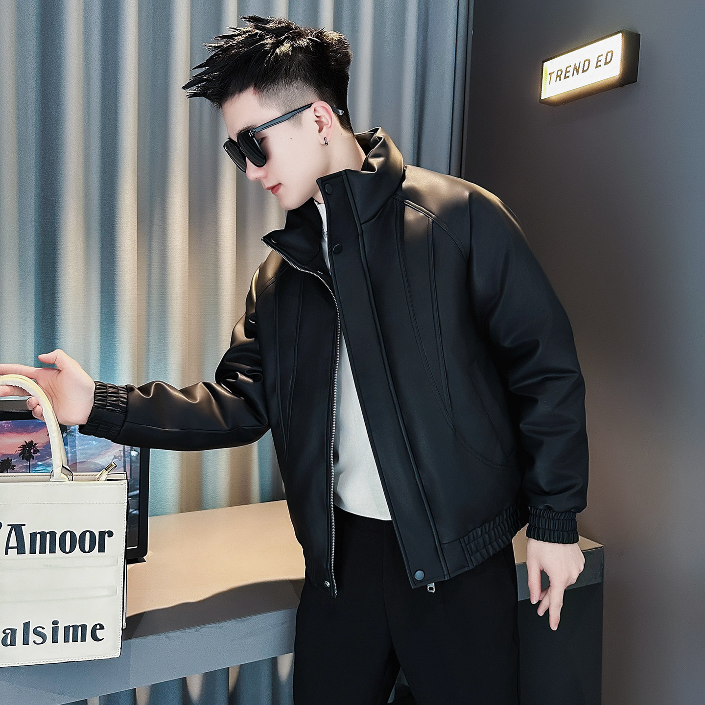 F228-P148控198社会小伙立领皮棉衣外套潮流修身棉服男黑1，男装棉衣，电商A346