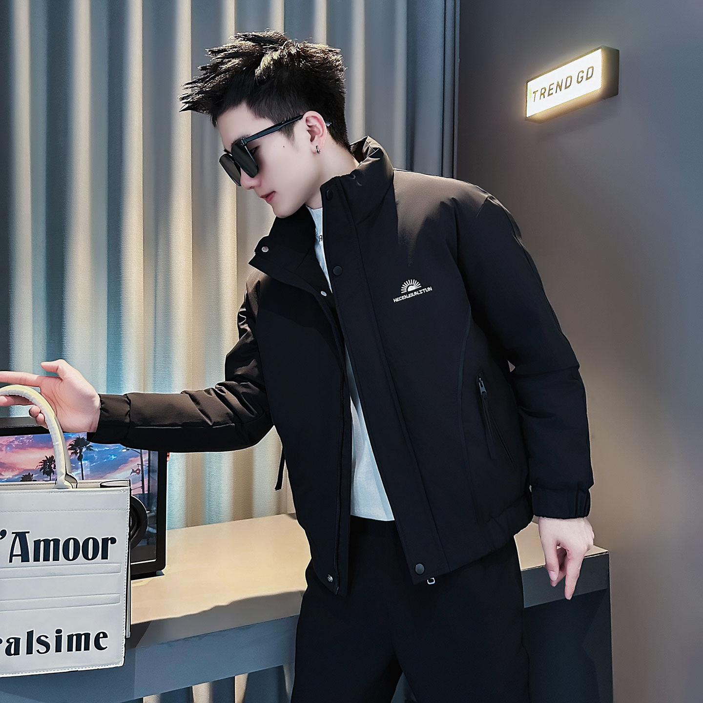 F207-P138控178社会小伙立领棉衣外套潮流修身棉服男黑1，男装棉衣，电商A346
