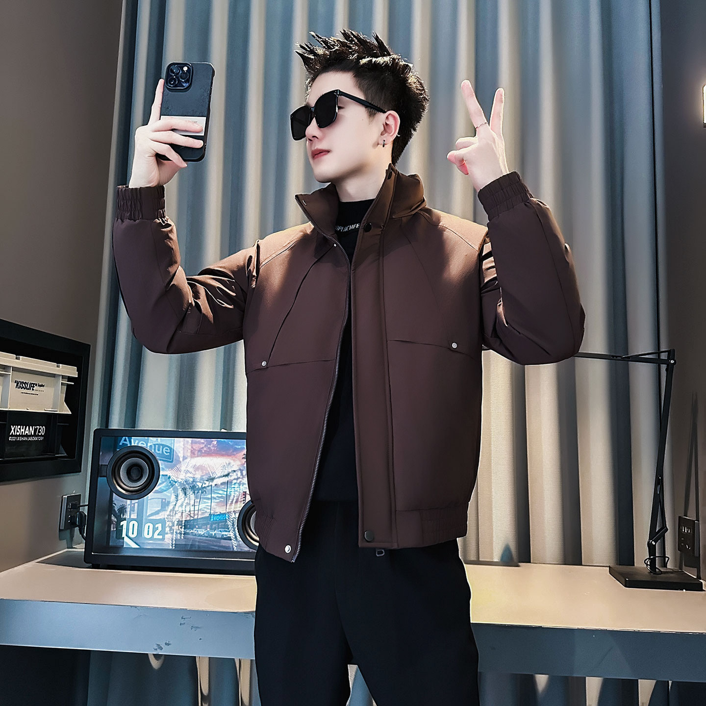 F212-P138控178社会小伙立领棉衣外套潮流修身棉服男卡其1,男装棉衣,电商A346