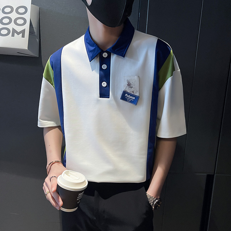 P172-P55控75春夏男士编织拼接短袖polo衫潮流t恤白2，男装Polo衫，电商A346