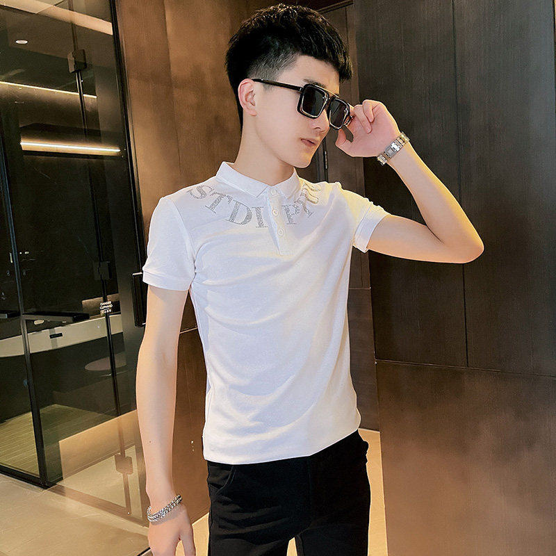 P150-P45控65社会小伙修身烫钻短袖polo衫男翻领t恤潮白,男装Polo衫,电商A346