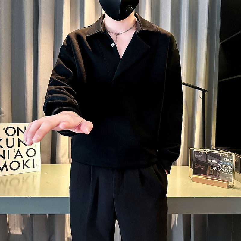 W203-P58 控78 秋季社会小伙翻领卫衣男店主风卫衣 黑2图片