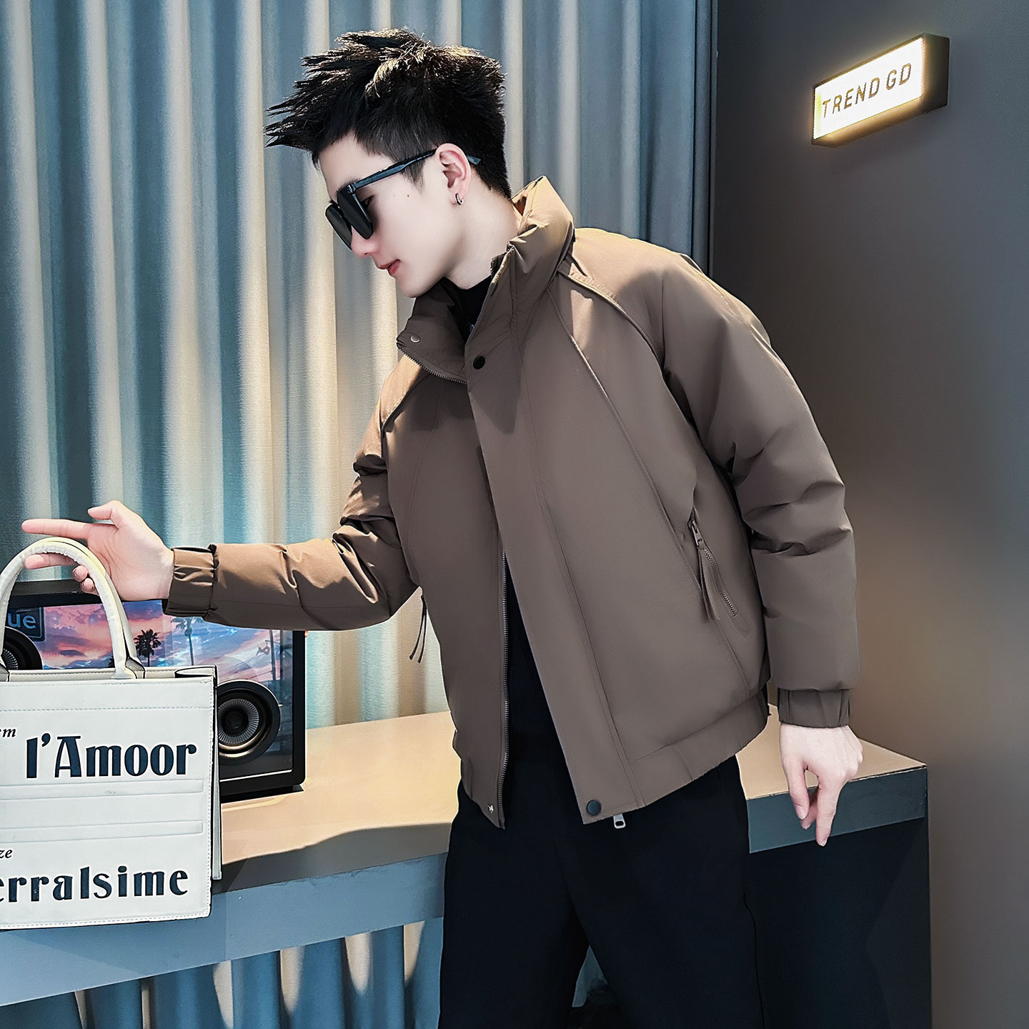 F211-P138控178社会小伙立领棉衣外套潮流修身棉服男黑1，男装棉衣，电商A346