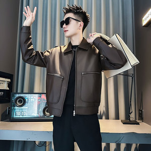 J257-P128控168 秋冬新款社会小伙店主风潮男夹克皮衣外套 黑1图片