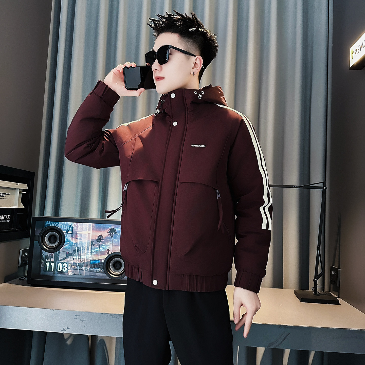 F227-P138控178社会小伙立领棉衣外套潮流修身棉服男咖1,男装棉衣,电商A346