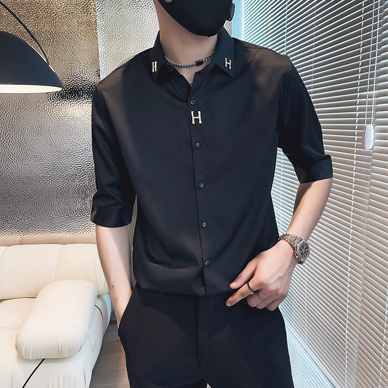 C210-P58控78夏季男时尚短袖衬衫潮流男小伙衬衣黑1,男装T恤,电商A346