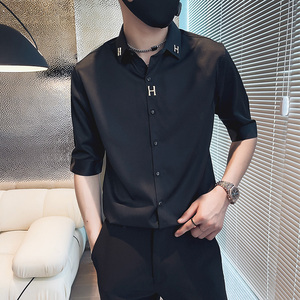C210-P58 控78 夏季男时尚短袖衬衫潮流男小伙衬衣 黑1图片