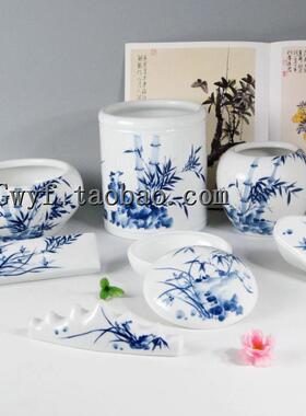 【景德镇红叶金品陶牌陶瓷】8头手绘青花文具瓷器办公用品套装
