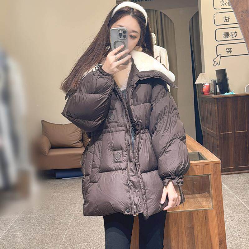 羊毛90鹅绒女中长款外套2025冬季小个子大翻领收腰羽绒服