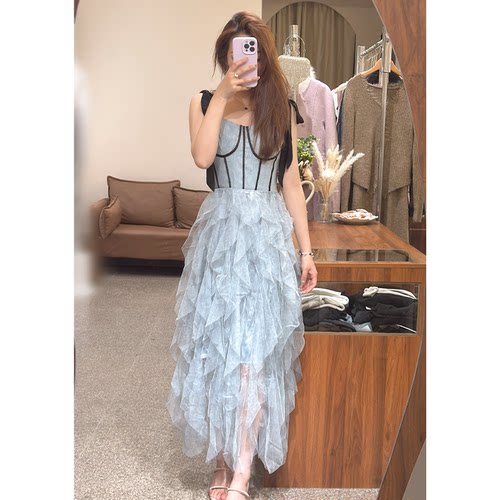 夏季网纱叠层立体吊带连衣裙女