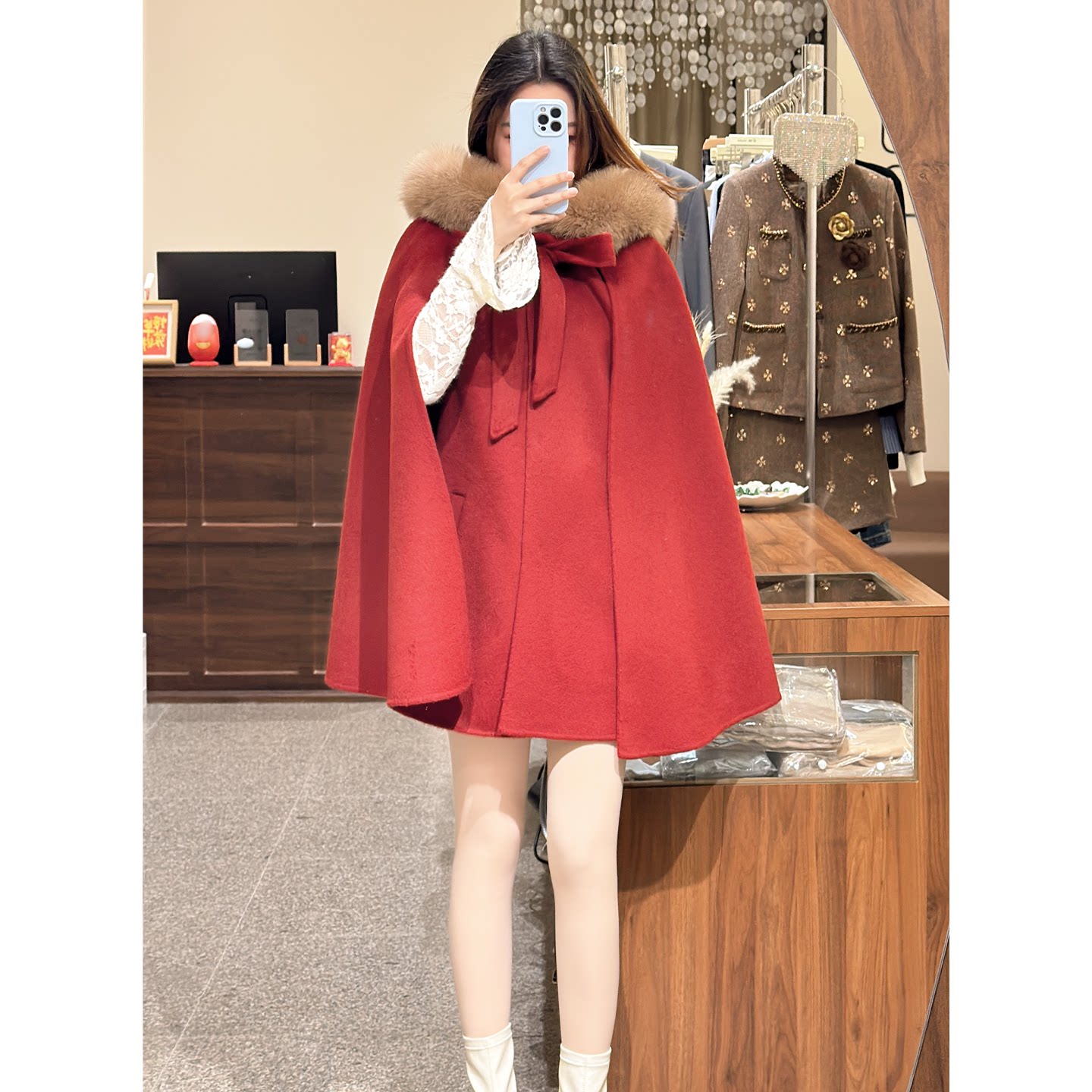 红色毛呢斗篷大衣女狐狸毛毛领中长款高级感保暖外套千金风
