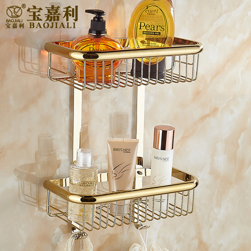免钉浴室欧式全铜长方形金色仿古单双层置物架卫生间网篮五金挂件