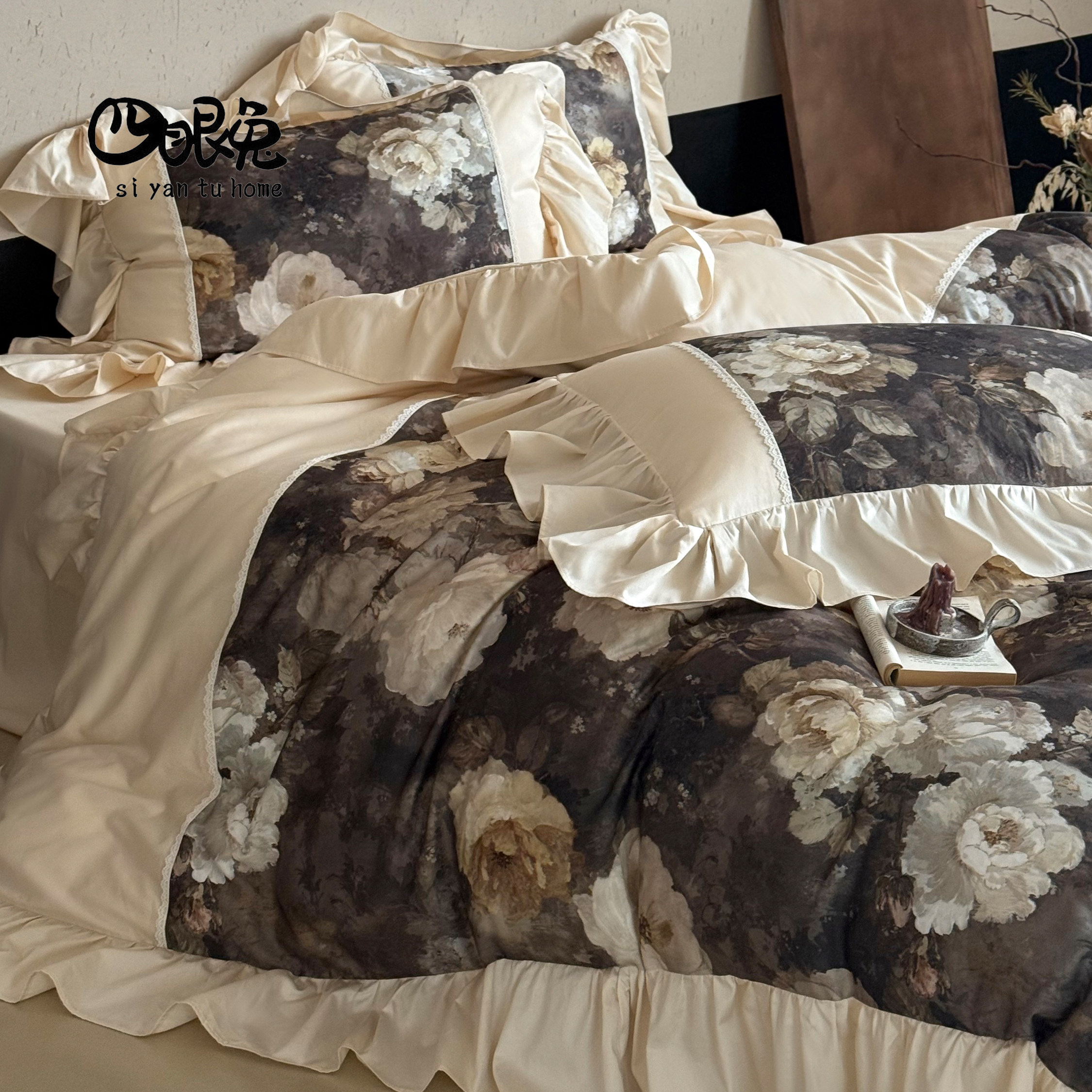 墨画疏窗︱法式复古花卉印花全棉长绒棉四件套纯棉贡缎被套床品2m