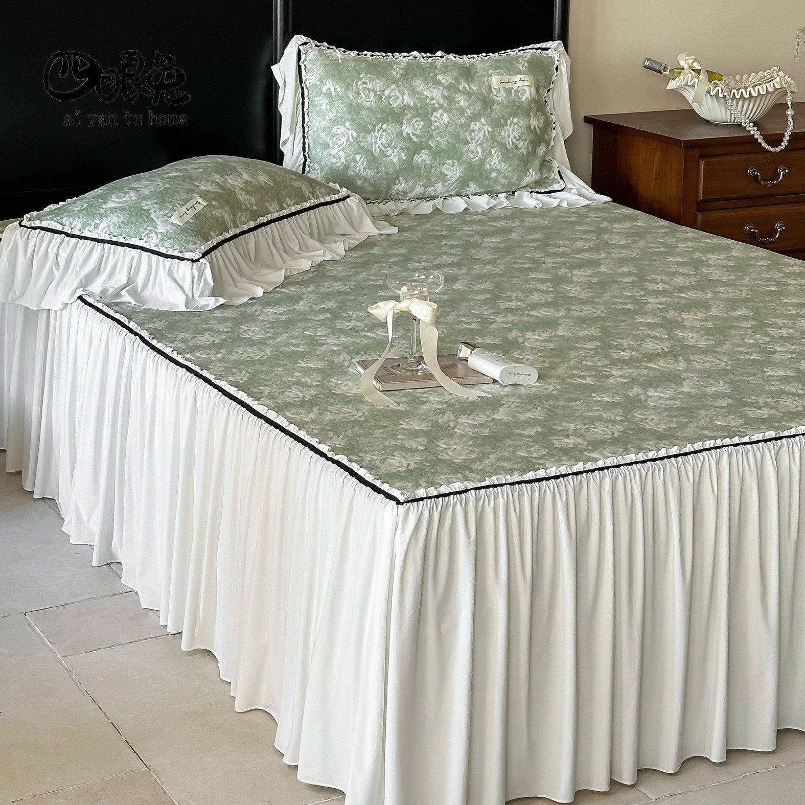 畅意夏野︱法式凉感丝大提花冰丝凉席三件套床裙款夏季空调软席子