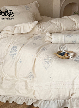 晚安奈思︱法式浪漫少女刺绣棉麻四件套亚麻优雅蕾丝花边被套床品
