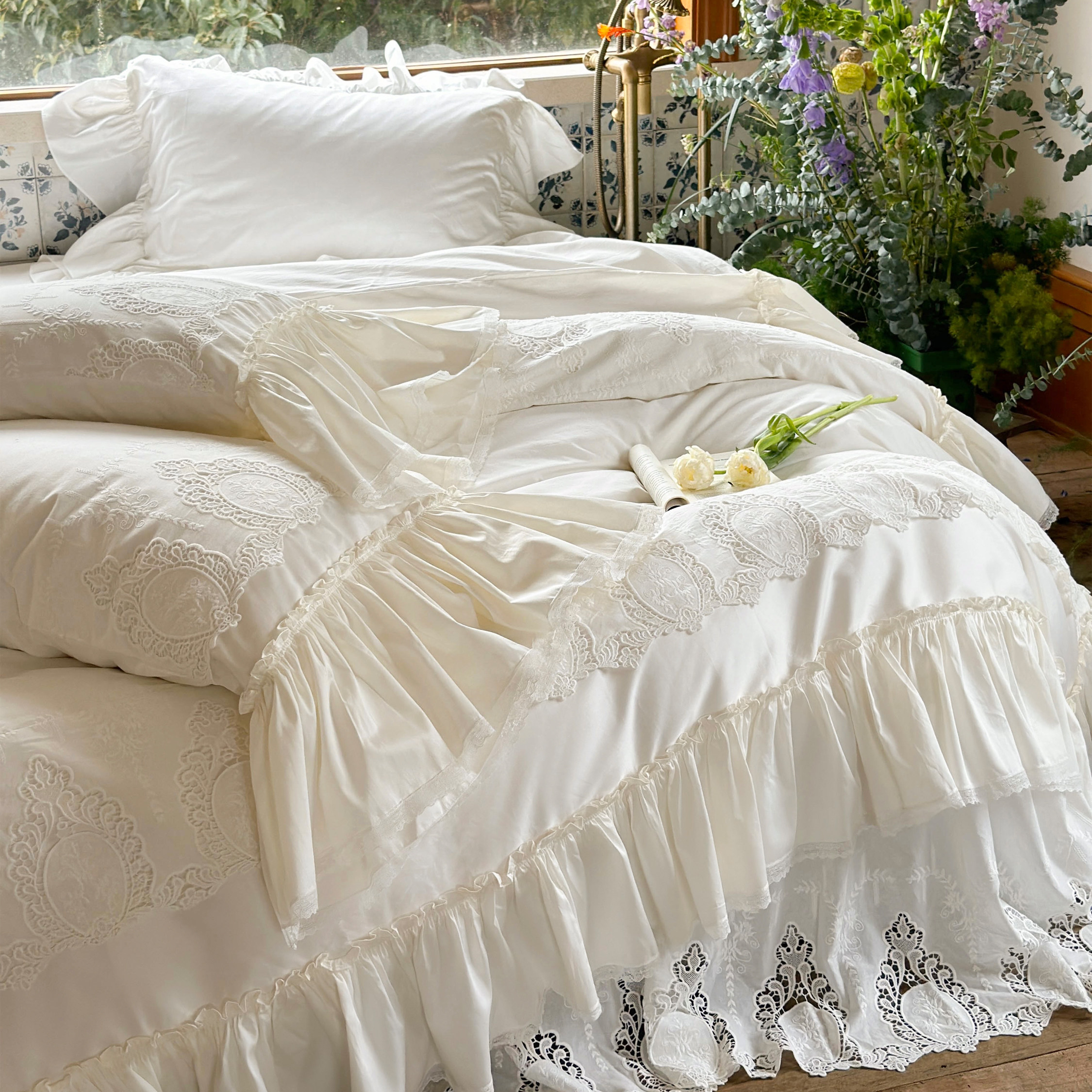 秘密花园︱法式重工全棉绣花蕾丝床裙四件套纯棉公主复古花边床品