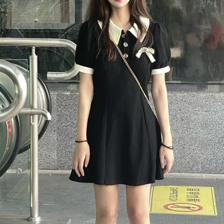 茶歇法式小个子黑色polo领连T恤