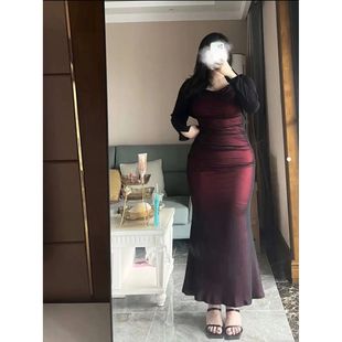 吊带连衣裙两件套潮 胖mm大码 纯欲风性感褶皱鱼尾裙套装 女长袖 开衫
