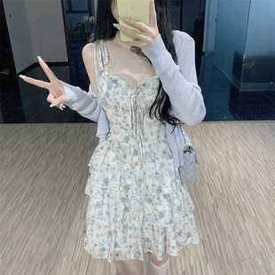 法式 純欲碎花吊帶連衣裙女春夏2024新款 溫柔風(fēng)收腰茶系蛋糕短裙子