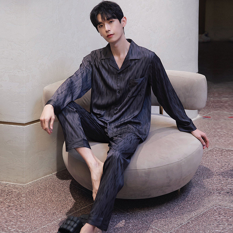 【CKHOR】男士黑色条纹睡衣套长袖丝绸质感休闲套装装翻领家居服