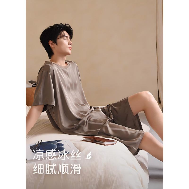 维多利亚男士冰丝夏季男睡衣套装
