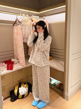 nini自制小熊印花华夫格纯棉睡衣家居服