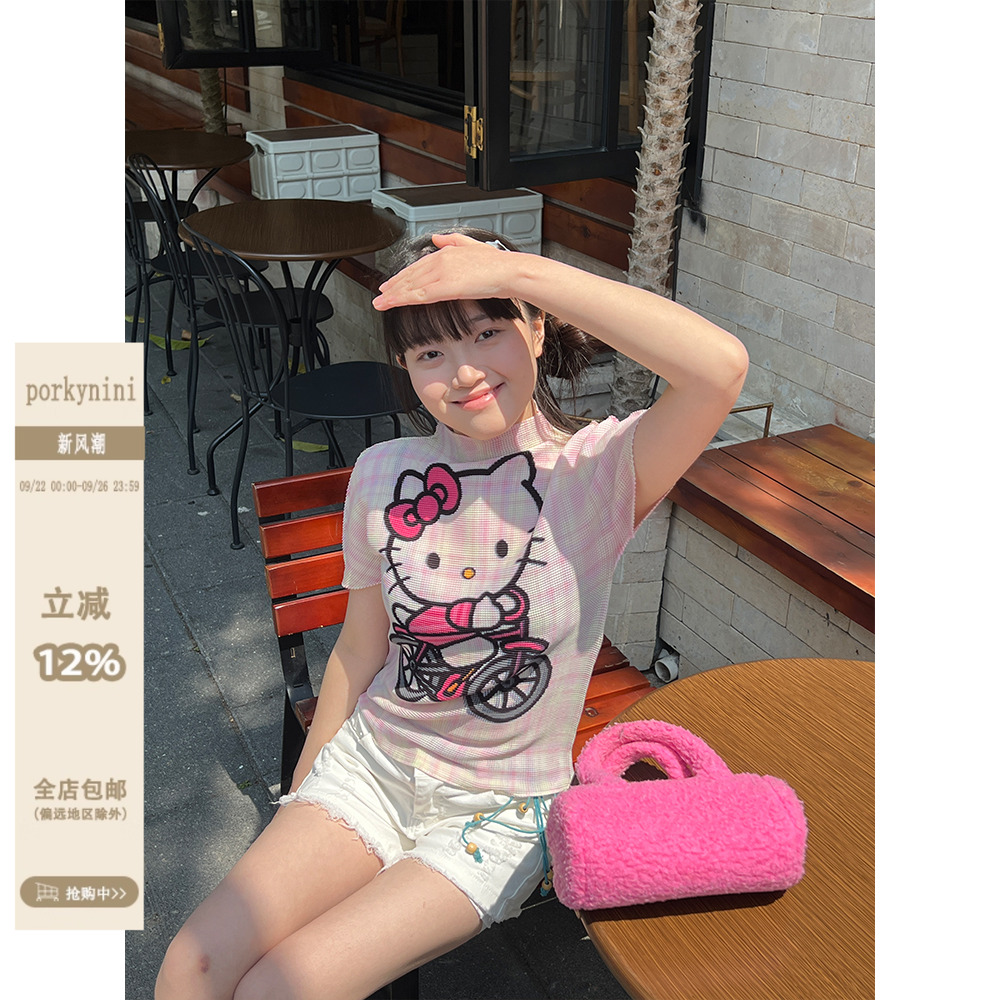 nini自制KT印花T恤超大弹力甜心辣妹半高领短袖褶皱上衣