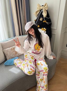 nini自制小翠华夫格圆领长袖t恤tweety法兰绒保暖睡裤女家居服冬