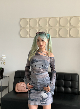 nini自制弹力网纱kitty印花T恤newjeans同款女团风薄款辣妹打底衫