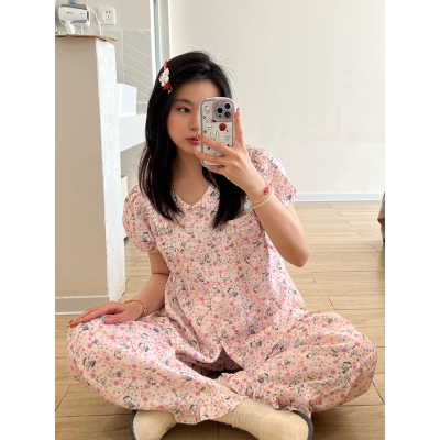 夏季睡衣女泡泡短袖纯棉可外穿