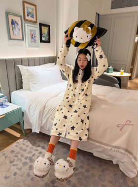 nini自制暖绒绒家居服星星睡袍韩系慵懒加绒舒适柔软御寒家居服女