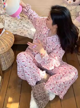 nini自制印花kt纯棉睡衣两件套女春夏款宽松可爱双层纱绉居家服