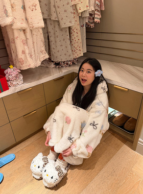 nini自制行走的被窝韩系睡袍加厚珊瑚绒睡衣女士宽松连帽家居服冬