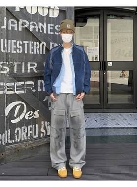 Rural man 美式复古灰色重工水洗扎染牛仔裤男阔腿做旧休闲长裤潮