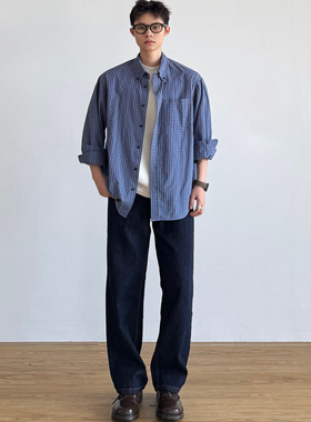 Rural man 日系复古格子衬衫男秋季宽松休闲百搭简约格子衬衫