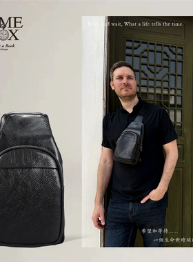 TIMEBOX 荔枝纹头层牛皮磁吸大容量防水机车复古户外斜跨单肩背包