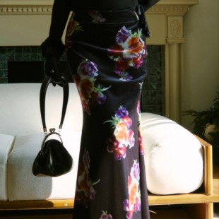 印花丝绒半身裙紫色花卉鱼尾长裙 原创新中式 HELERUN 温香软玉