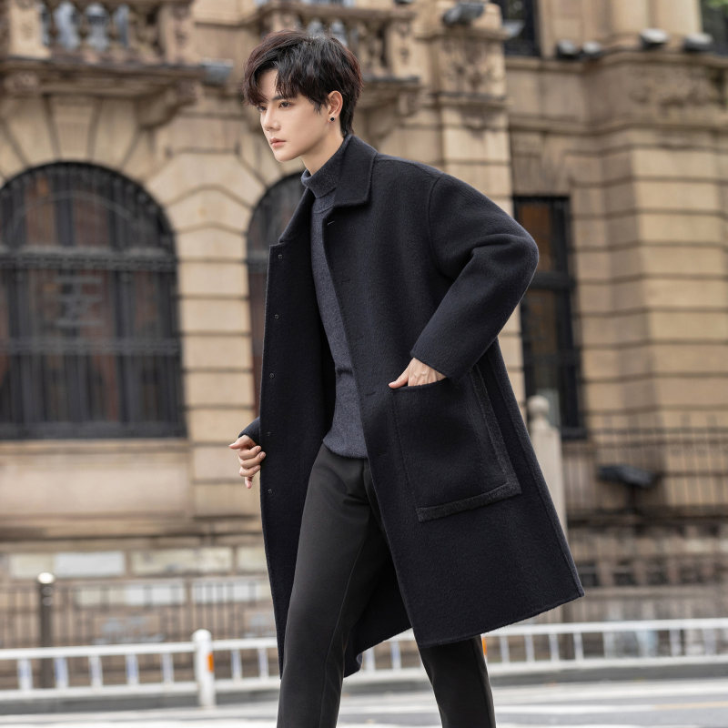 2025全羊毛双面呢大衣男士中长款过膝外套纯色休闲羊绒呢子风衣冬