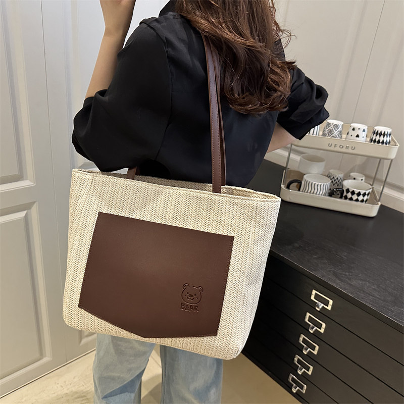 撞色草编简约复古手提包女式休闲托特包大容量单肩包百搭通勤女包,箱包皮具/热销女包/男包,托特包,淘宝优惠券,粉丝福利购,淘宝优惠卷